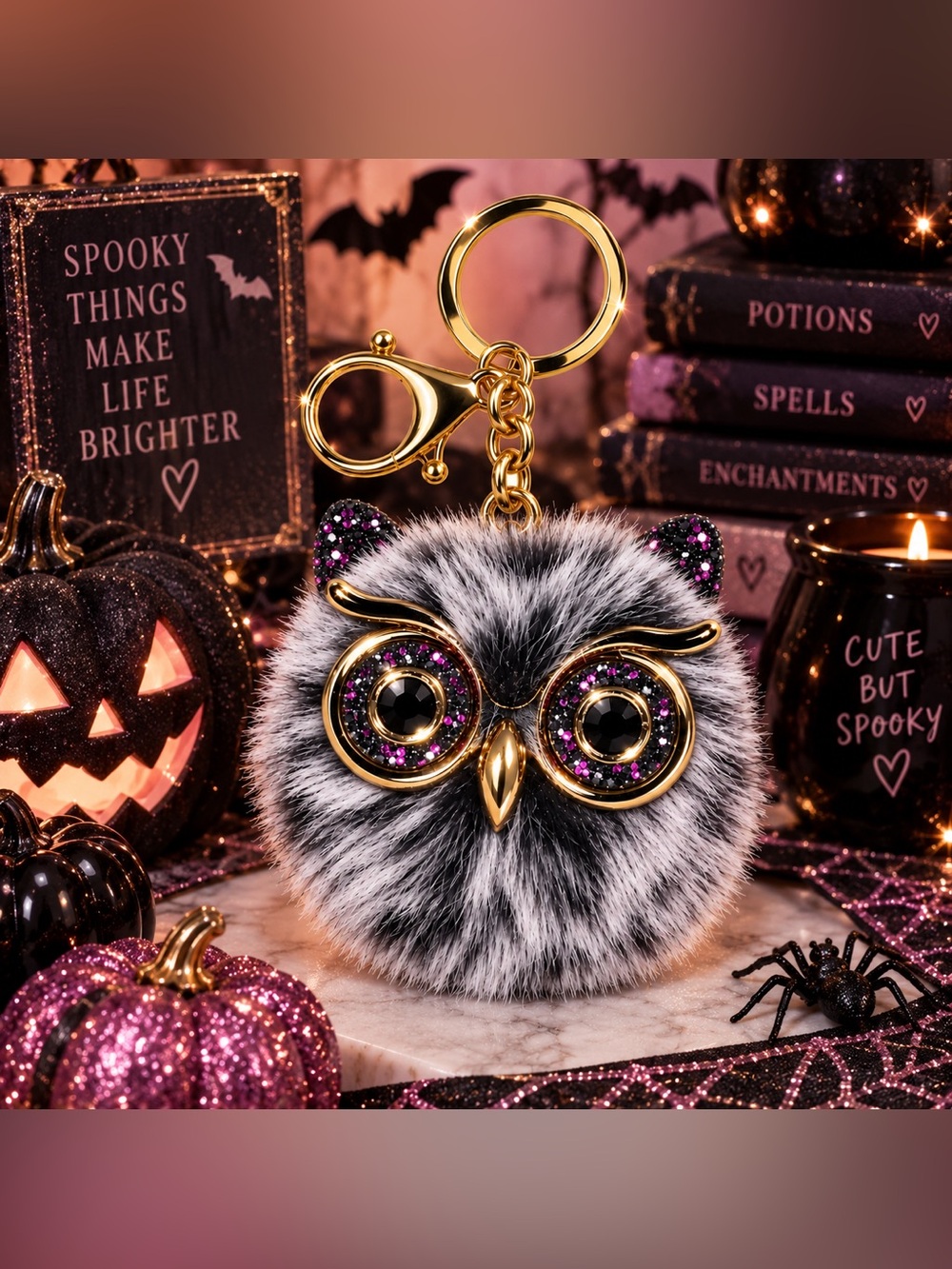 Owl Grey & Black Pom Pom Keychain with Gold & Purple Accents